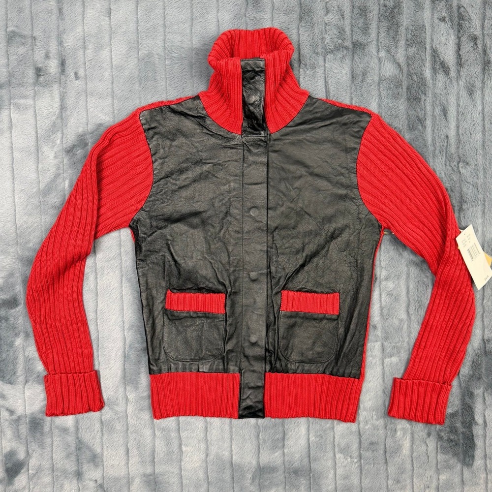 British Khaki Red Ribbed Knit Black Leather Mixed Media Jacket B6103 Mens Small